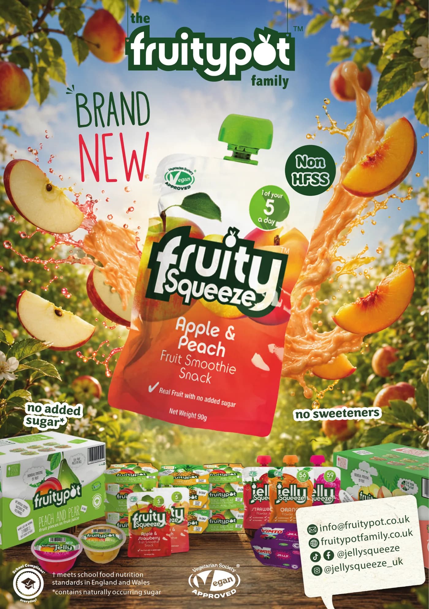 Fruity Squeeze Apple & Peach advert: the pouch bursting out of an orchard with splashing fruit, under Brand New