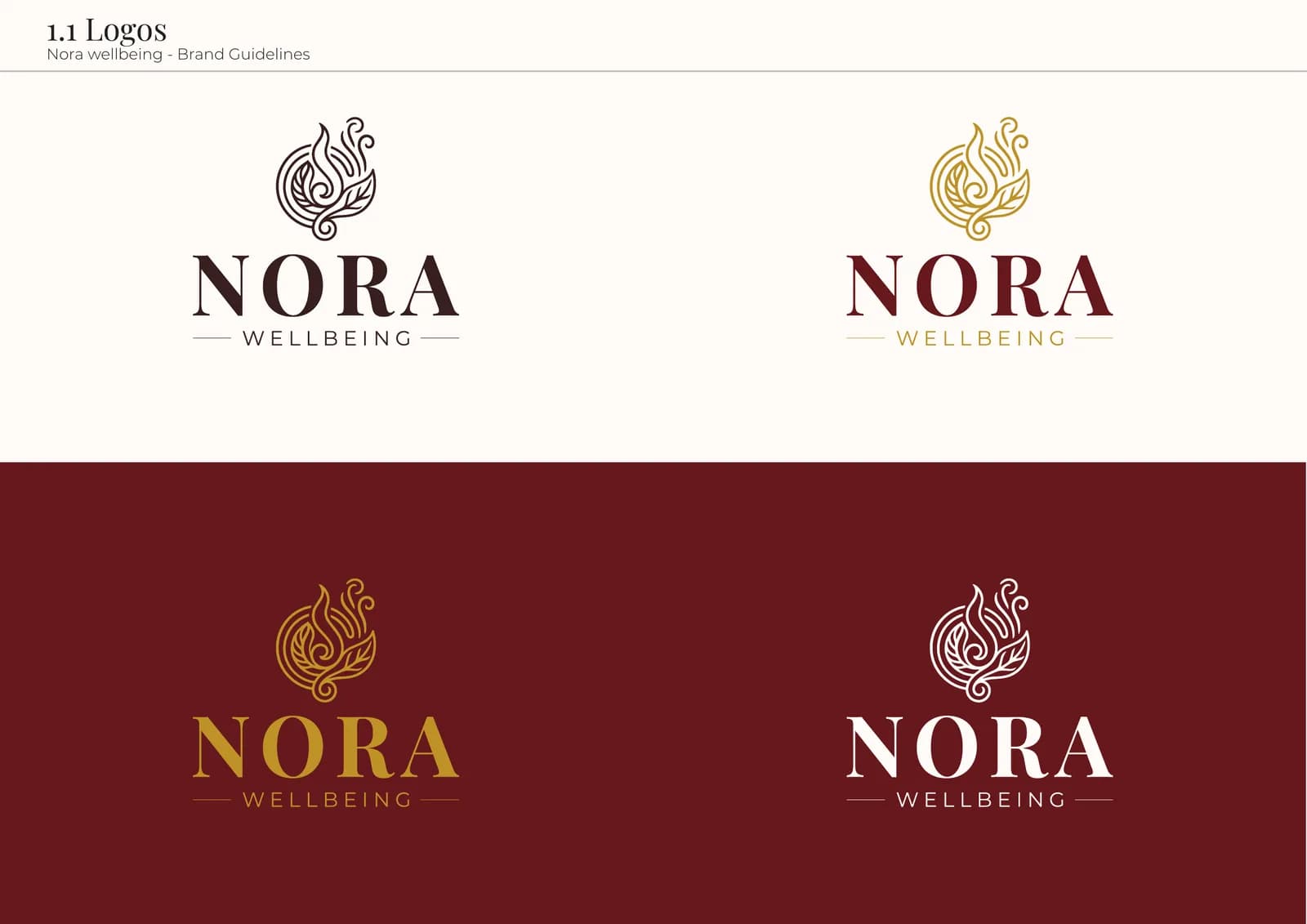 Nora Wellbeing logo variations on cream and burgundy backgrounds