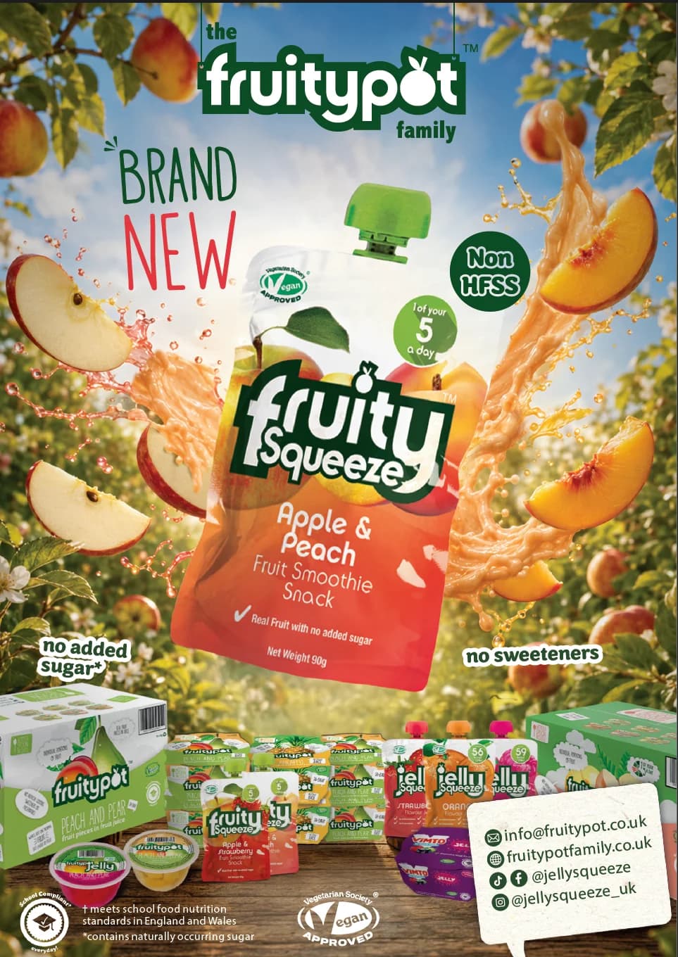 Fruity Squeeze Apple & Peach advert for the Fruitypot family: the pouch bursting out of an orchard with splashing fruit
