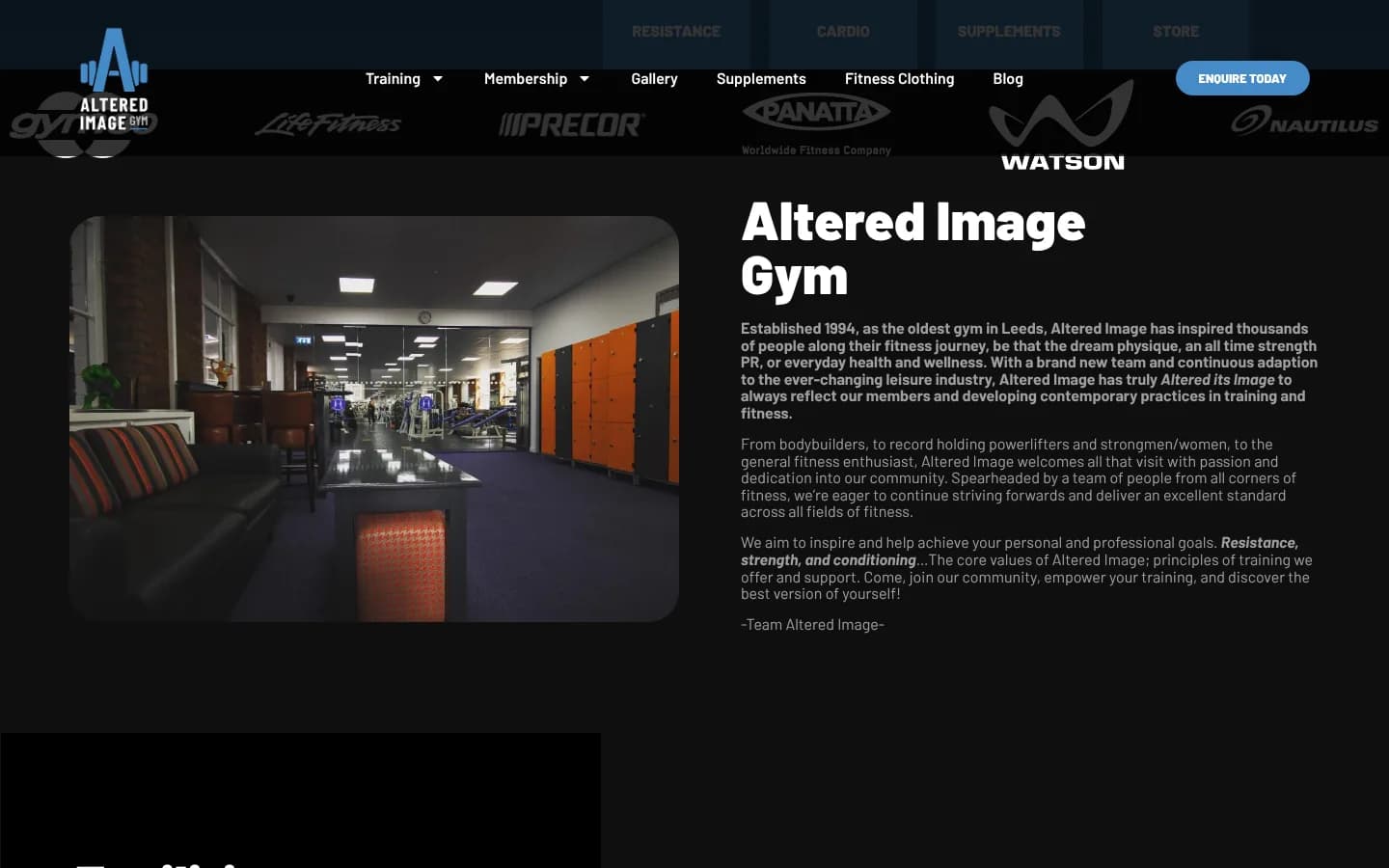 The equipment brand strip above the Altered Image Gym story, established 1994