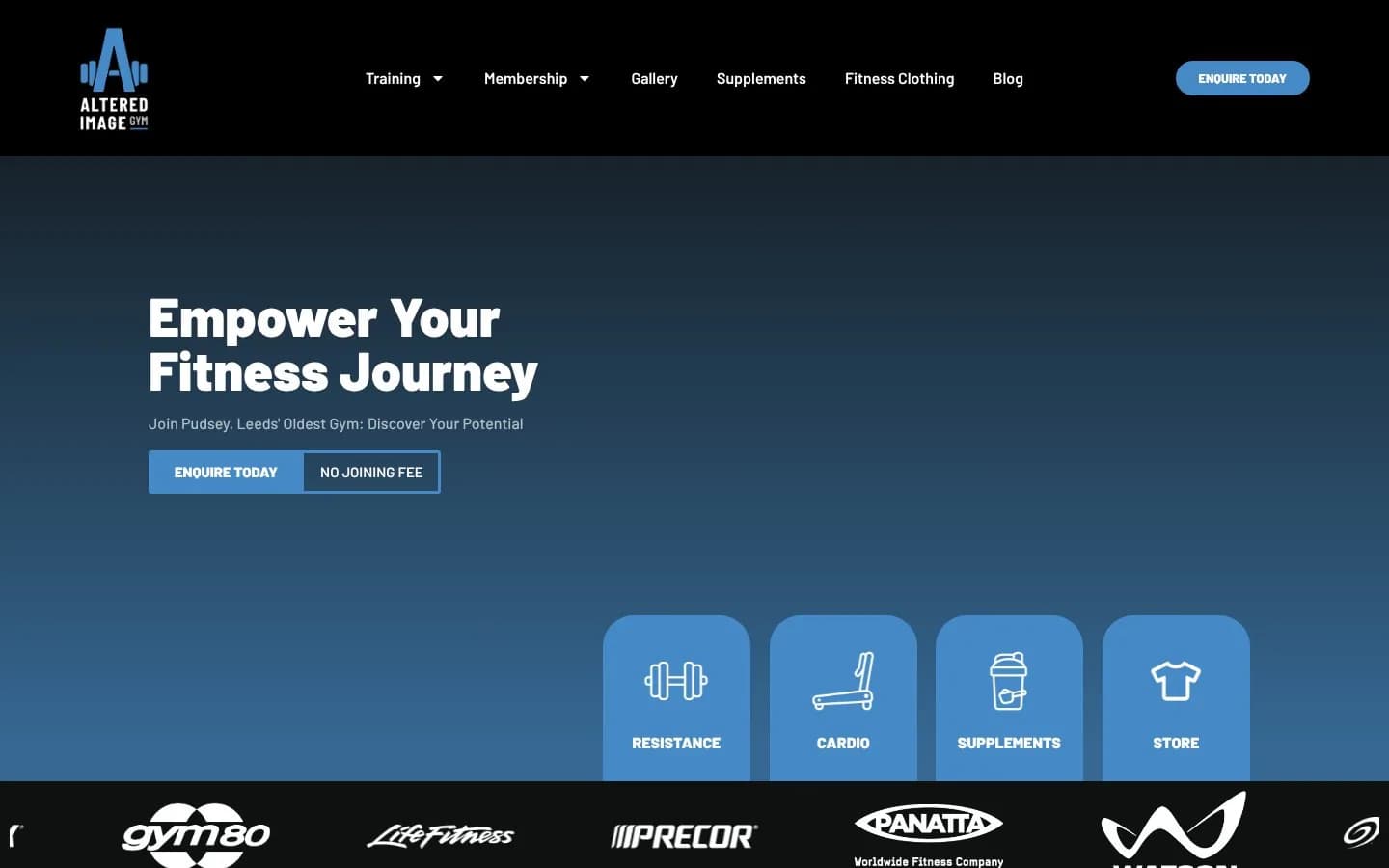 The homepage hero: Empower Your Fitness Journey, with Enquire Today and No Joining Fee