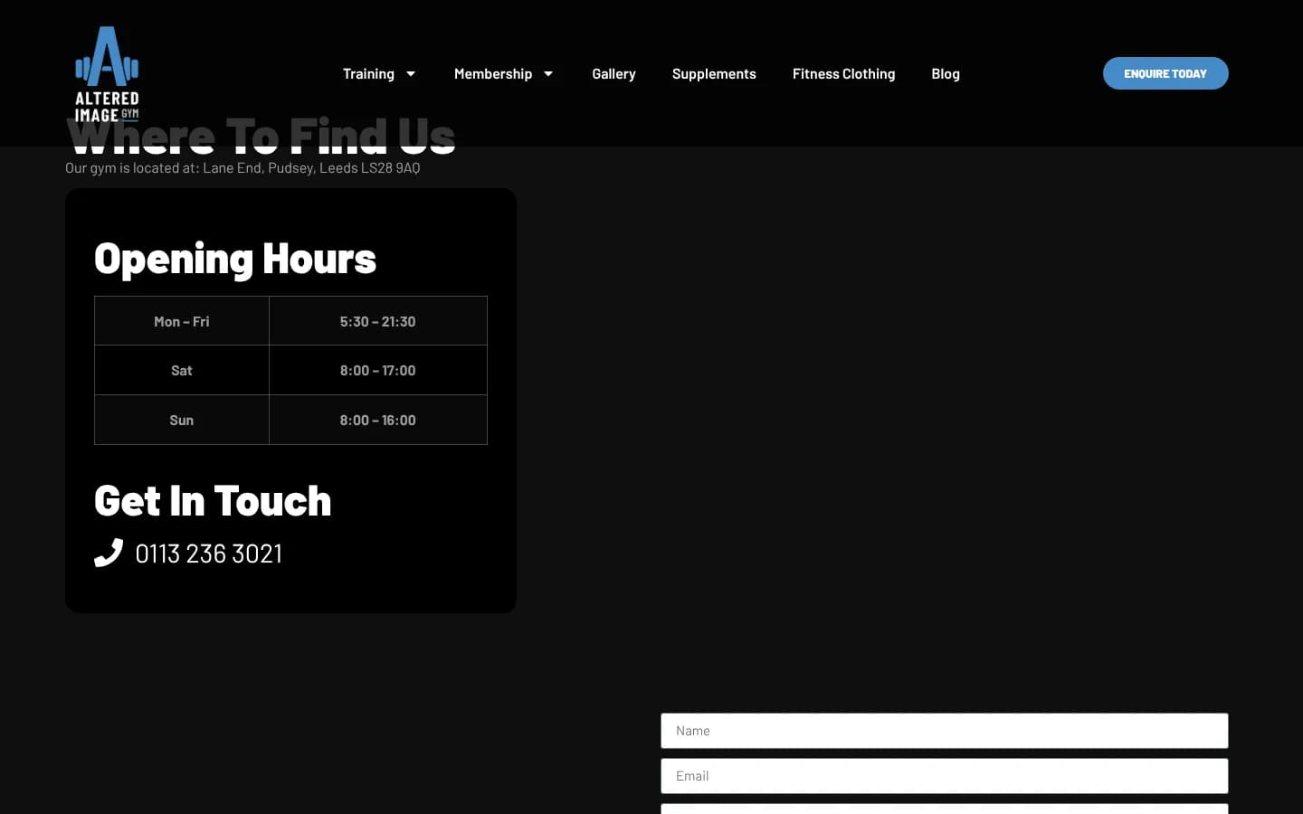 Where To Find Us: opening hours, Get In Touch with the phone number, and a contact form