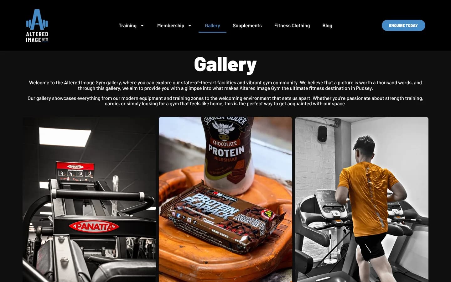 The Gallery page with photos of a Panatta machine, a protein shake and a member on a treadmill