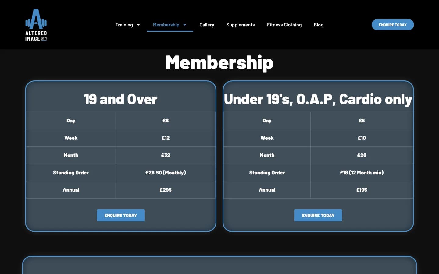 The Membership page: two price tables, 19 and over, and under 19s, OAP and cardio only