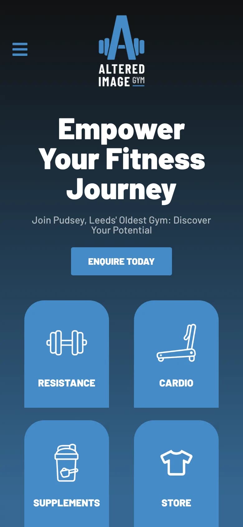 The Altered Image homepage on a phone, with big Resistance, Cardio, Supplements and Store tiles