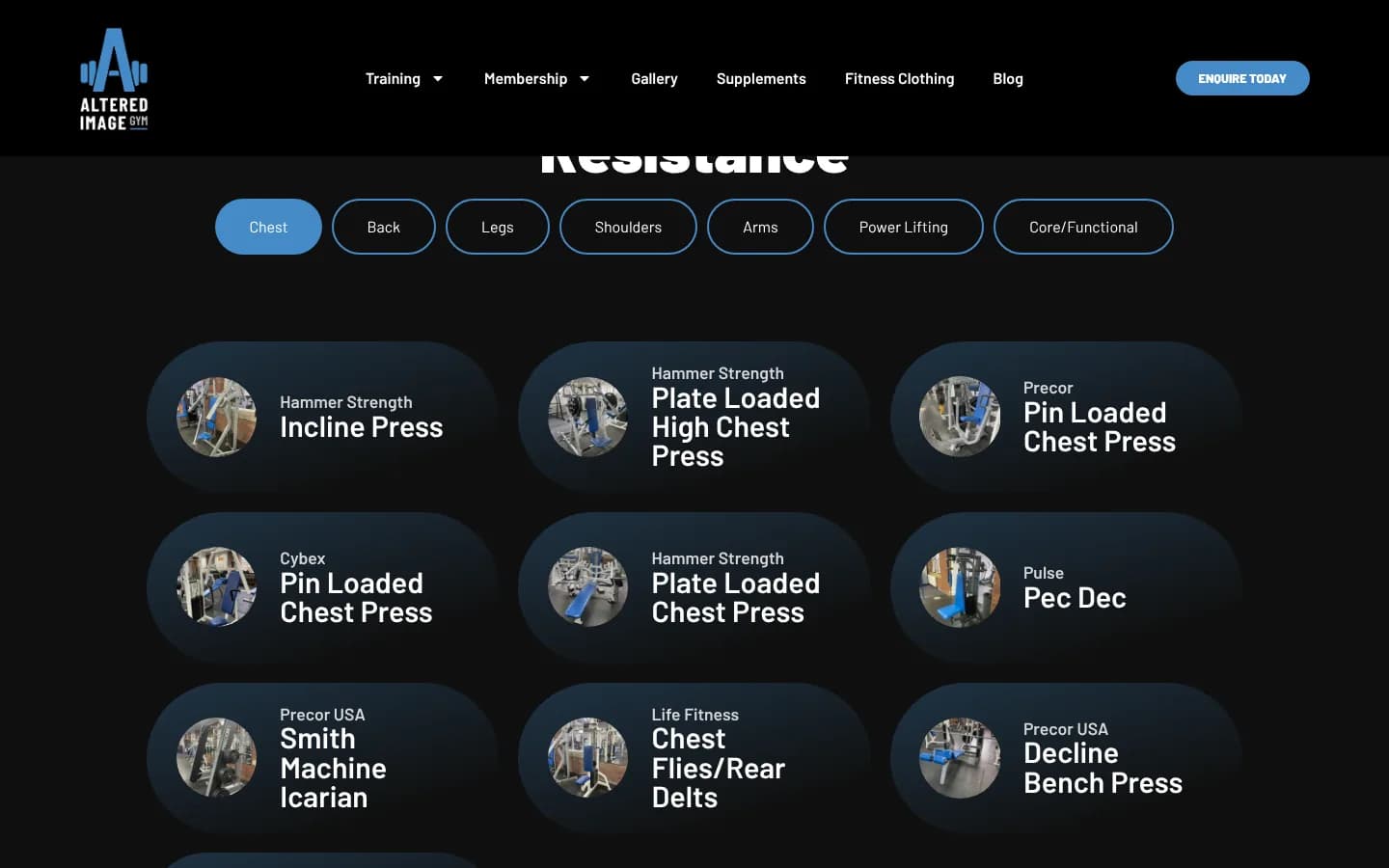 The Resistance page with muscle group filters and machine cards such as Hammer Strength Incline Press
