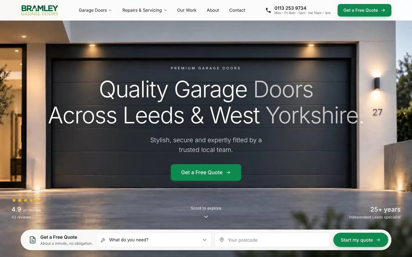 The new Bramley homepage: Quality Garage Doors Across Leeds & West Yorkshire, with a quote bar, the Google rating and 25+ years