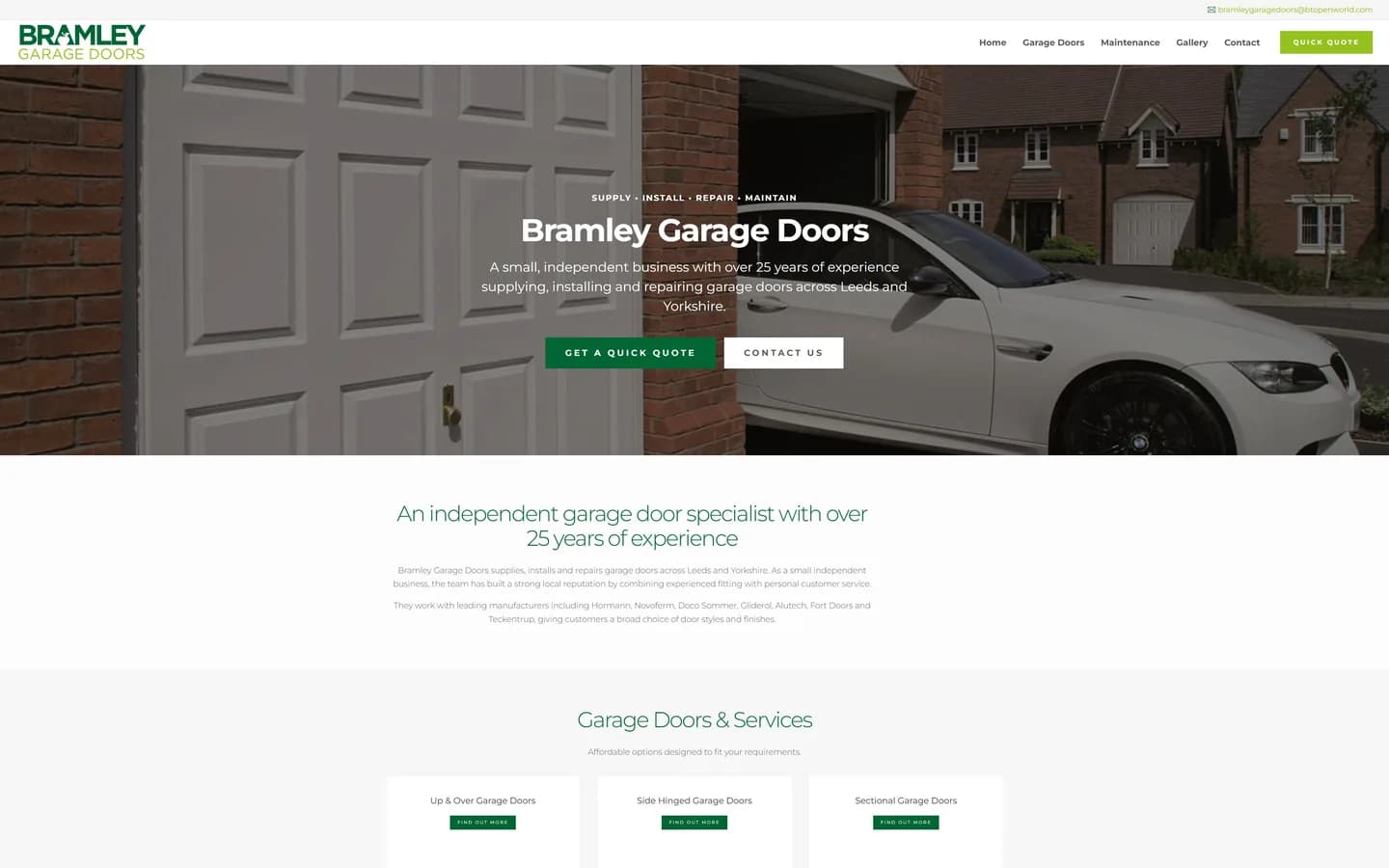 The old Bramley homepage: a photo of a garage and car, a short intro and service cards with no pictures