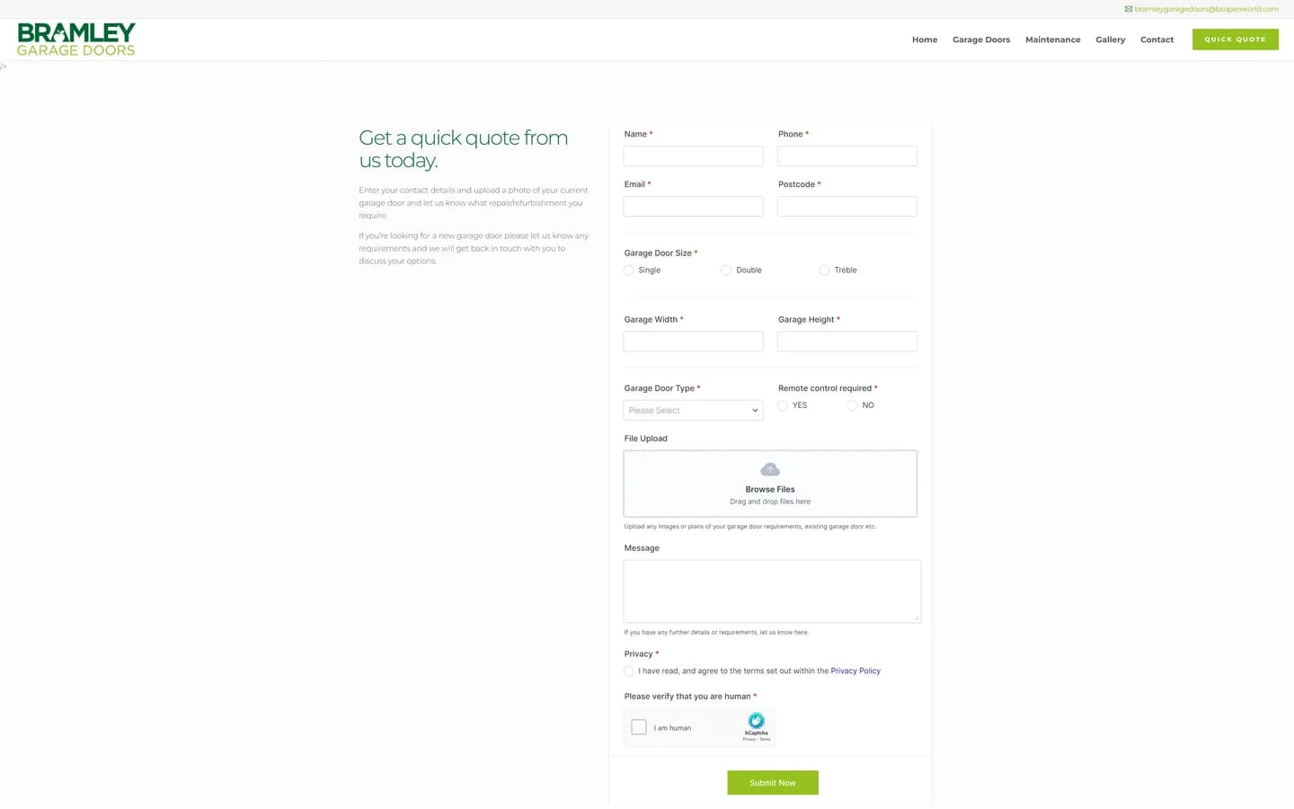 The old quick quote form: one long page of required fields including garage width and height, a privacy tick box and a captcha