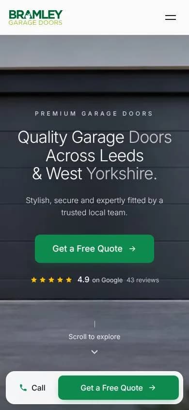 The new Bramley homepage on a phone, with a sticky Call and Get a Free Quote bar