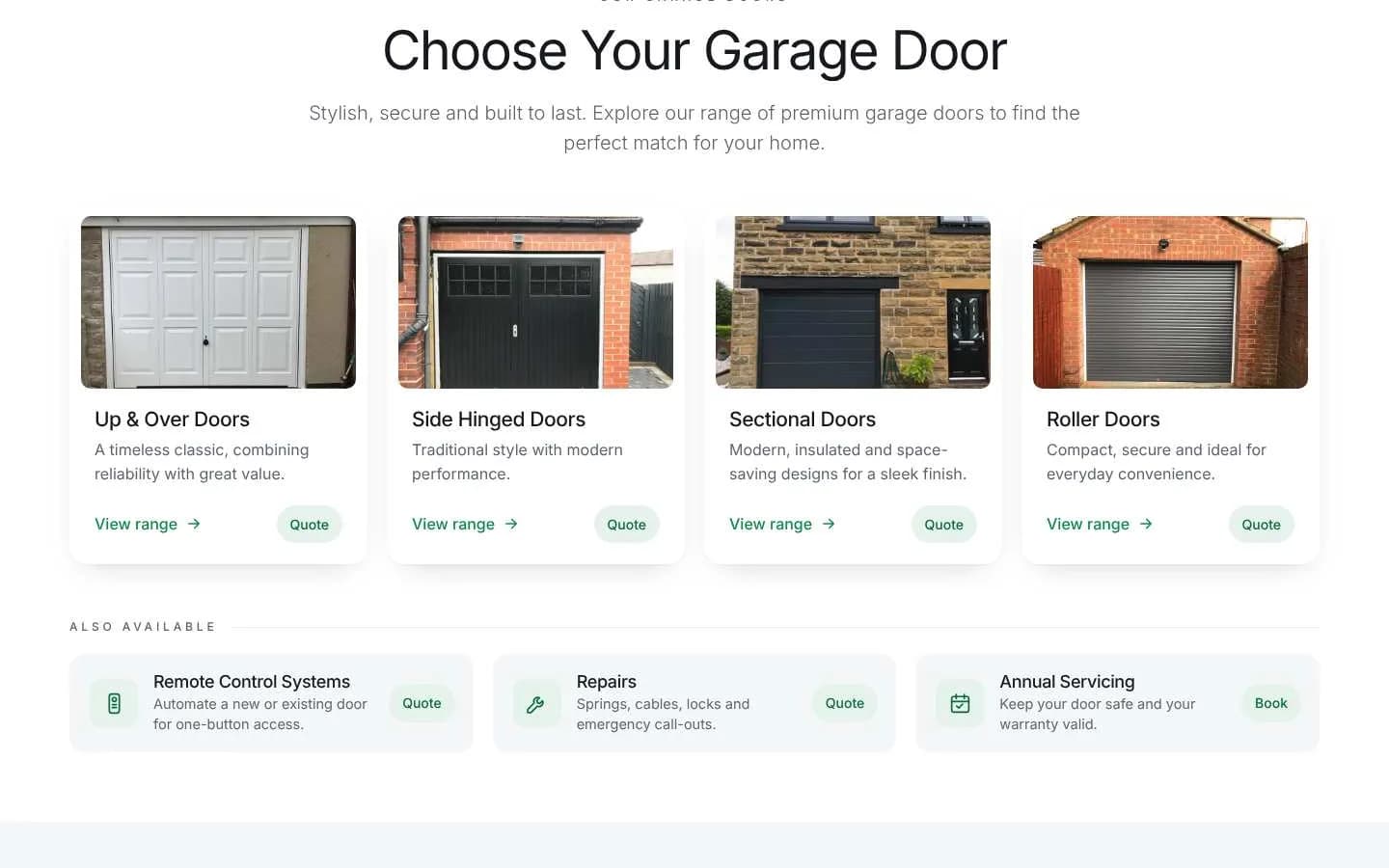 Choose Your Garage Door: four door types with photos, each with View range and Quote buttons