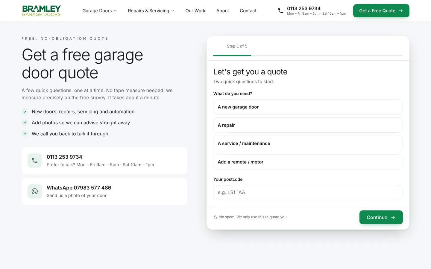 Step 1 of 5 of the new quote: What do you need? with four simple options and a postcode box