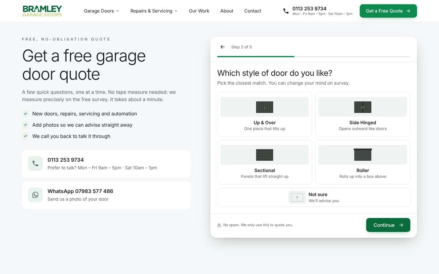 Step 2 of 5: Which style of door do you like? Up and over, side hinged, sectional, roller or not sure