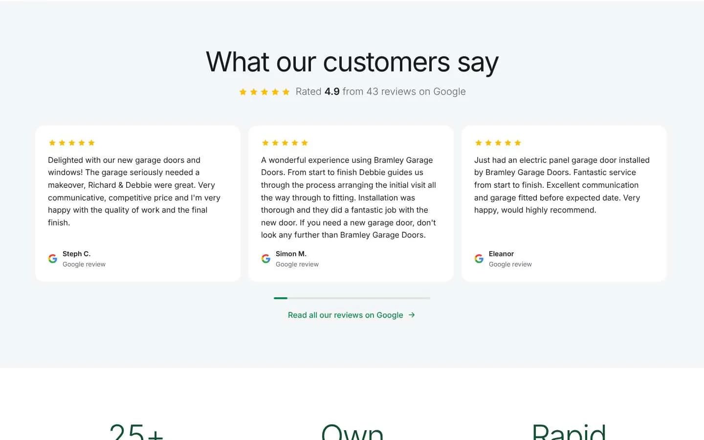 What our customers say: rated 4.9 from 43 reviews on Google, with three full reviews