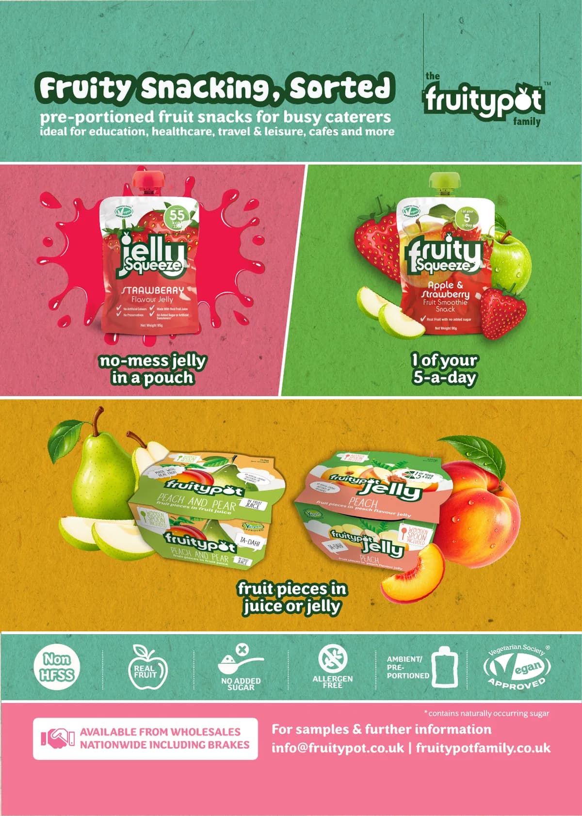 Fruity Snacking, Sorted advert with colour-blocked panels for Jelly Squeeze, Fruity Squeeze and fruit pots in juice or jelly