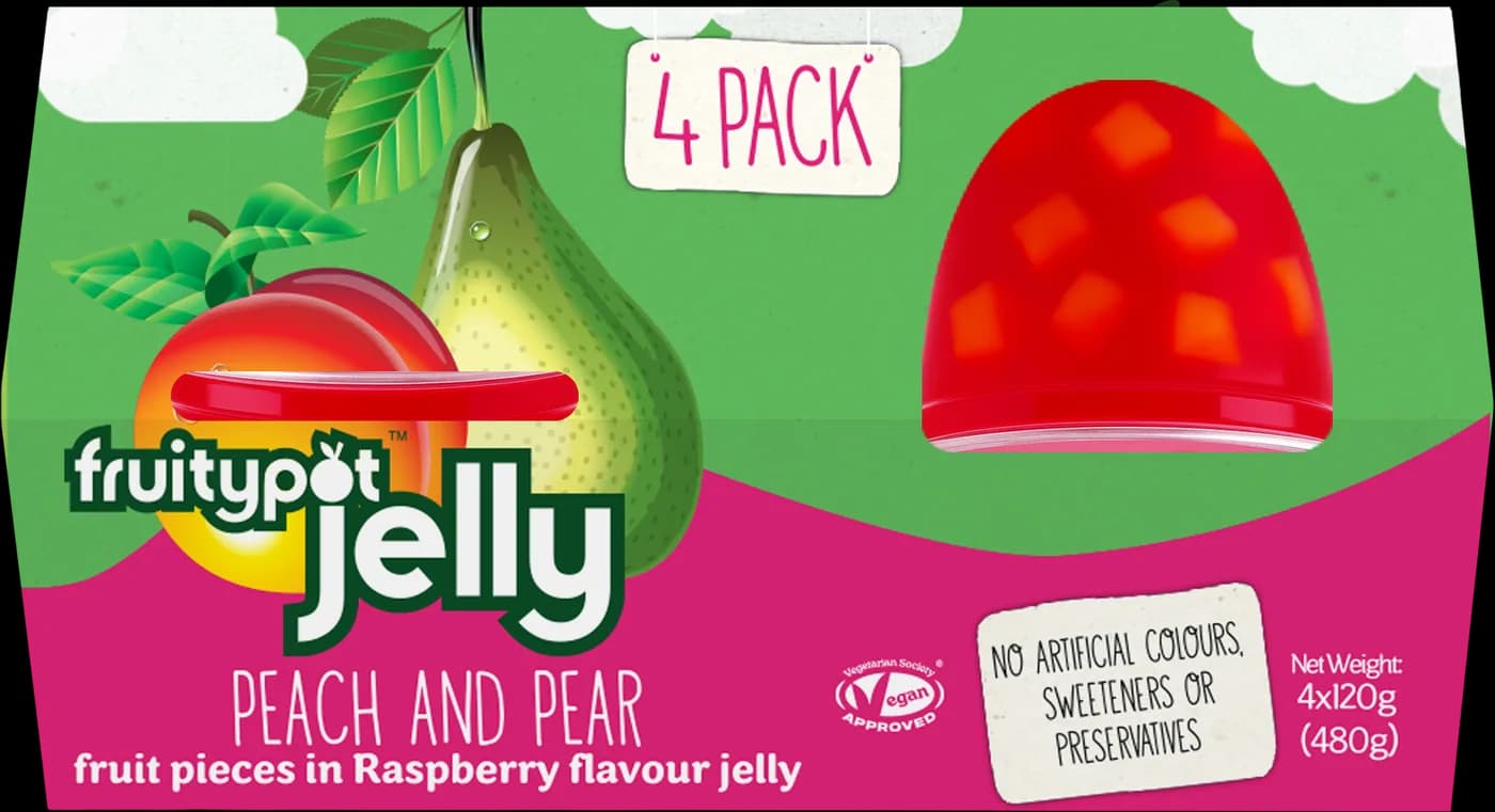 Fruitypot Jelly Peach and Pear four-pack in raspberry flavour jelly