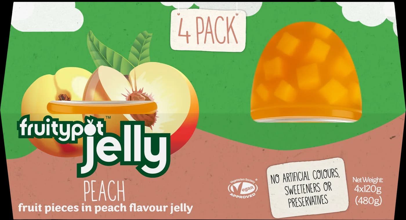 Fruitypot Jelly Peach four-pack: fruit pieces in peach flavour jelly