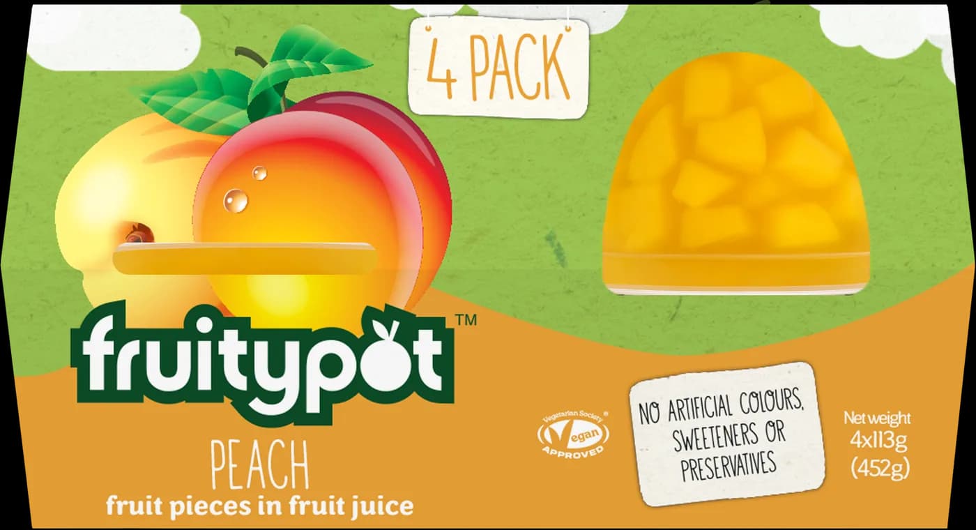 Fruitypot Peach four-pack: fruit pieces in fruit juice