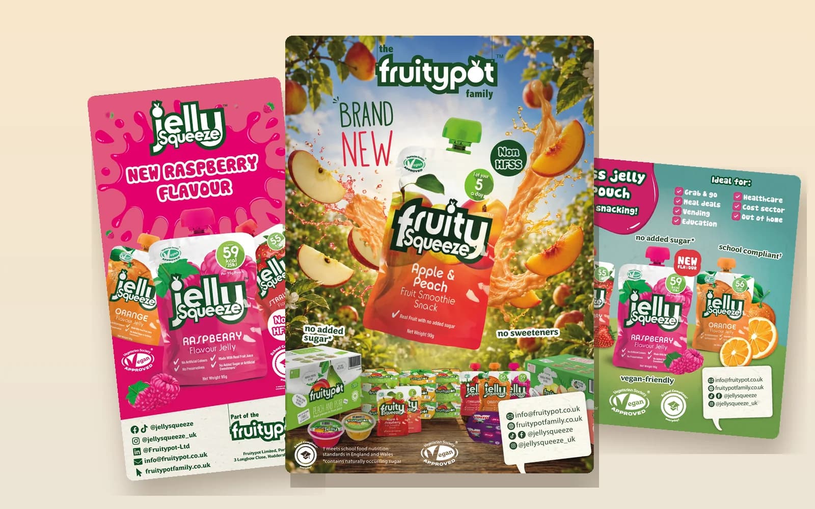 Three pieces of Fruitypot artwork: the Jelly Squeeze raspberry poster, the Fruity Squeeze Apple & Peach advert and the Chef's Insider trade advert