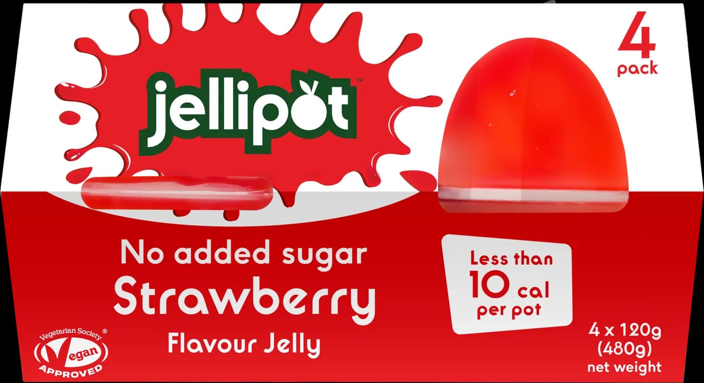 Jellipot Strawberry flavour jelly four-pack sleeve, less than 10 calories per pot