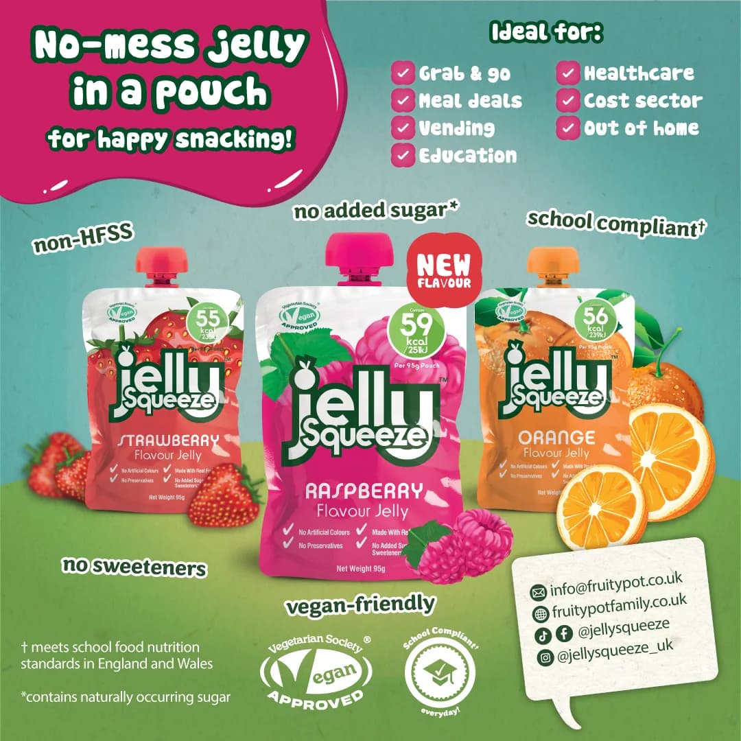 Chef's Insider advert: No-mess jelly in a pouch for happy snacking, with three flavours and where they sell