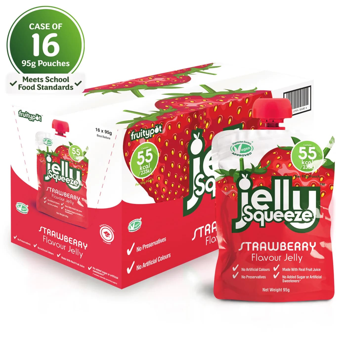 Jelly Squeeze Strawberry pouch in front of its case of 16, with a Meets School Food Standards badge