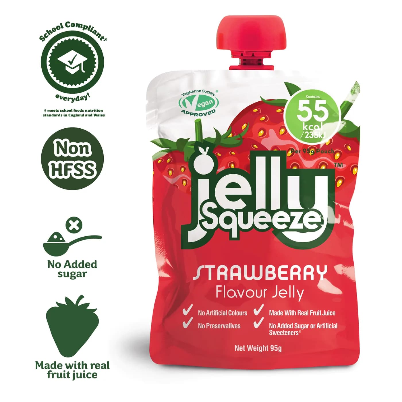 Jelly Squeeze Strawberry pouch with callouts for school compliant, Non HFSS, no added sugar and real fruit juice