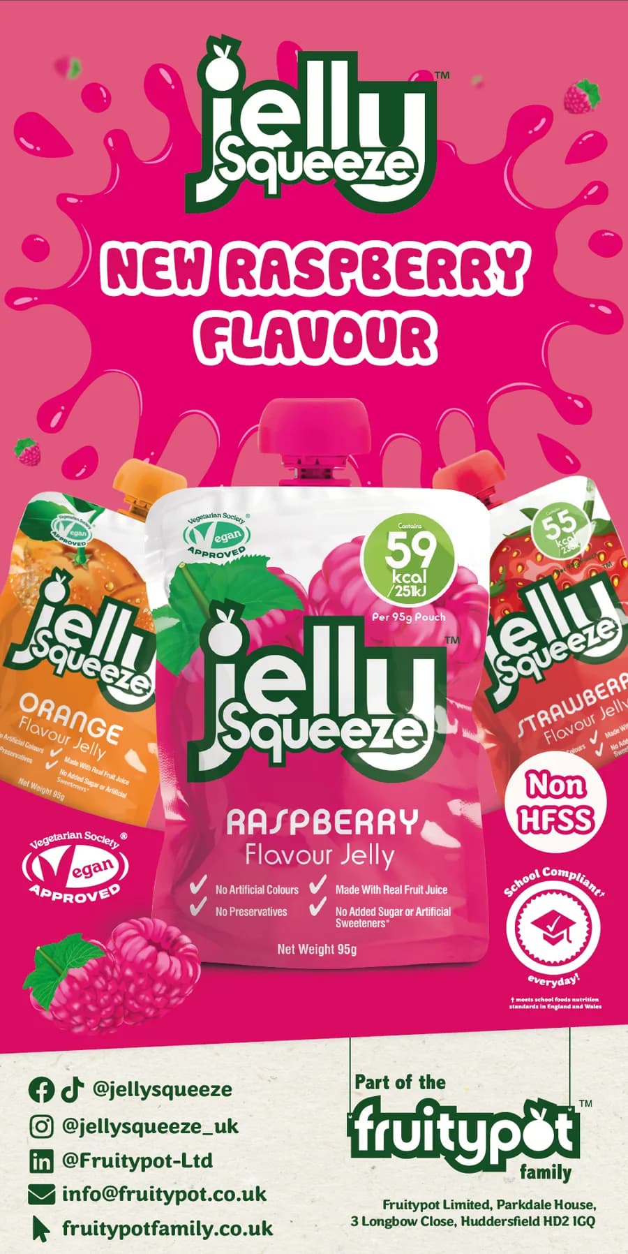 New Raspberry Flavour poster with a bold raspberry splash and the other flavours fanned behind