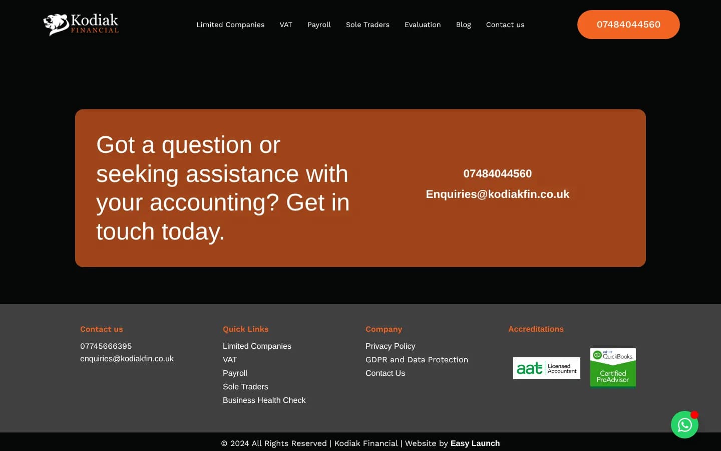 The orange Get in touch today panel above the footer, with accreditation badges