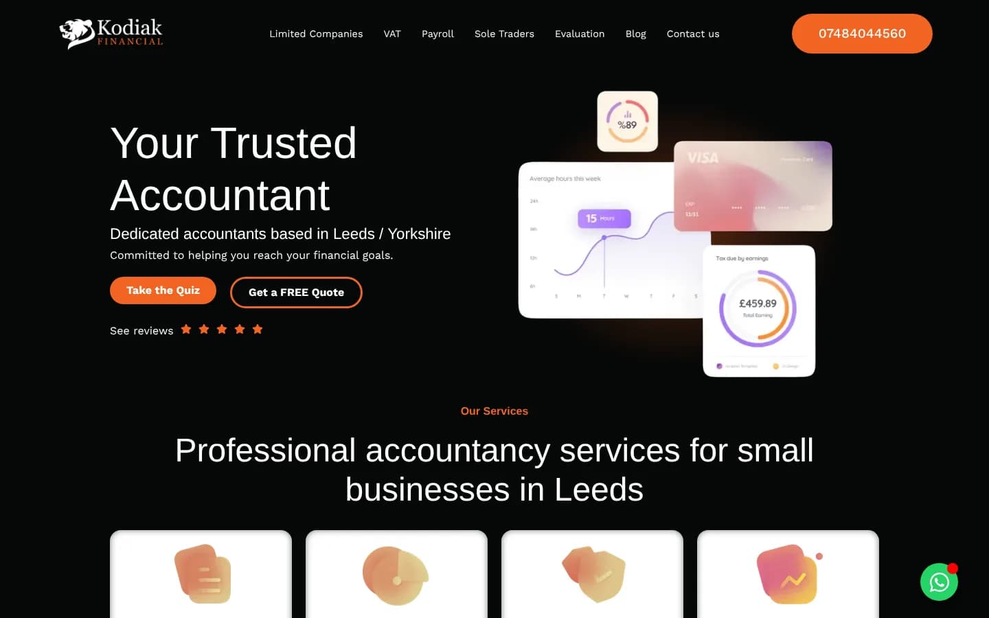 The Kodiak Financial homepage: Your Trusted Accountant, with Take the Quiz, Get a FREE Quote and floating finance dashboard cards