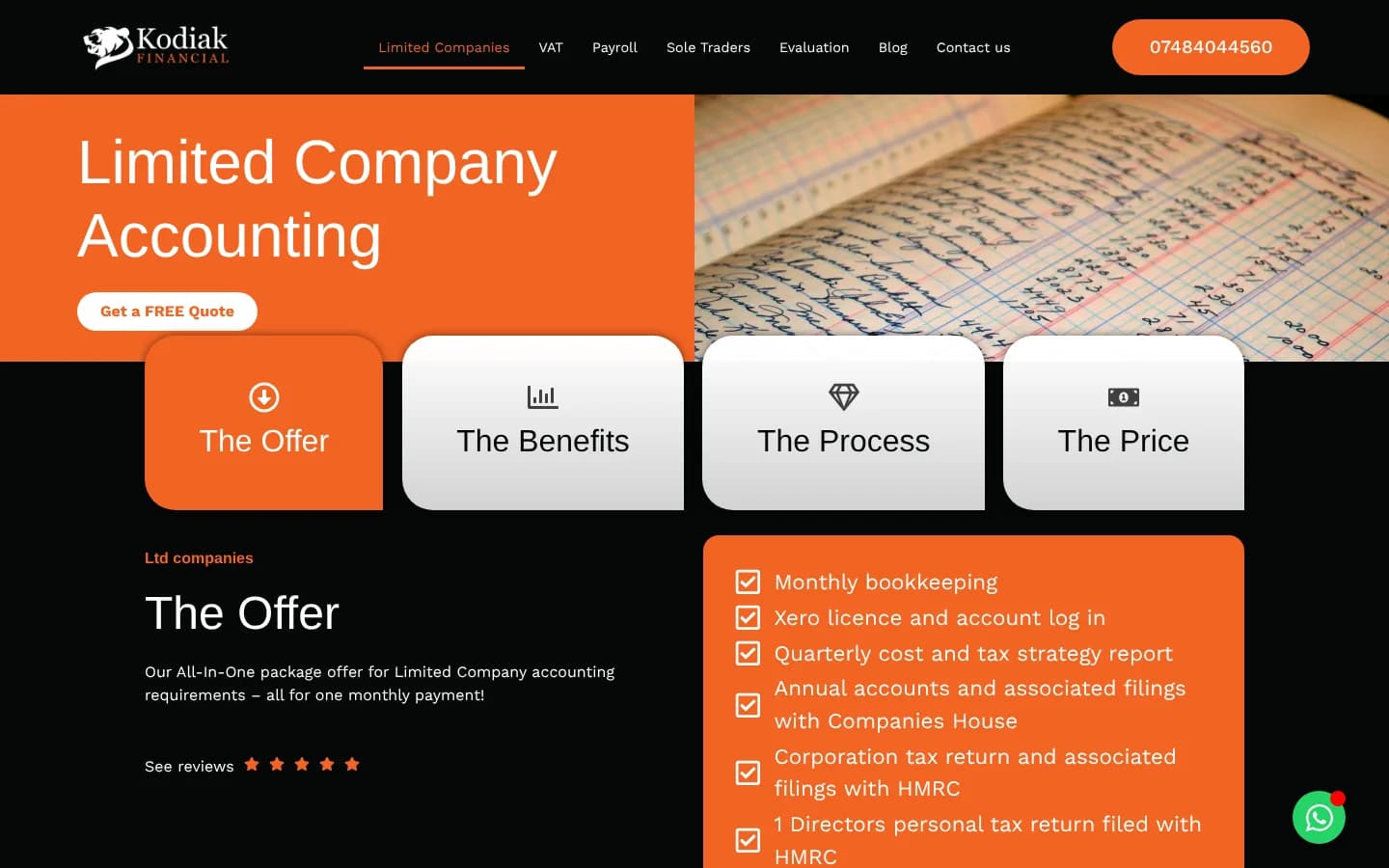 The Limited Company Accounting page with tabs for The Offer, The Benefits, The Process and The Price, and a checklist of what's included
