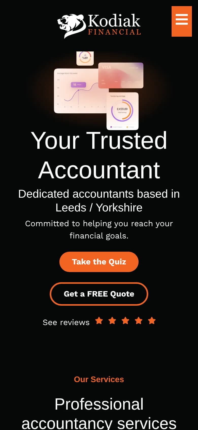 The Kodiak Financial homepage on a phone, with Take the Quiz and Get a FREE Quote stacked