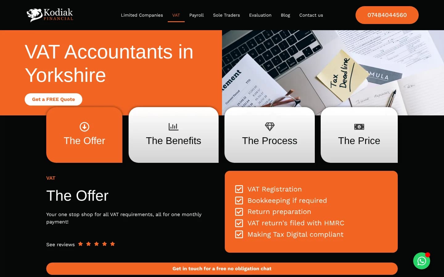 The VAT Accountants in Yorkshire page with the same tabs and a checklist of the VAT offer
