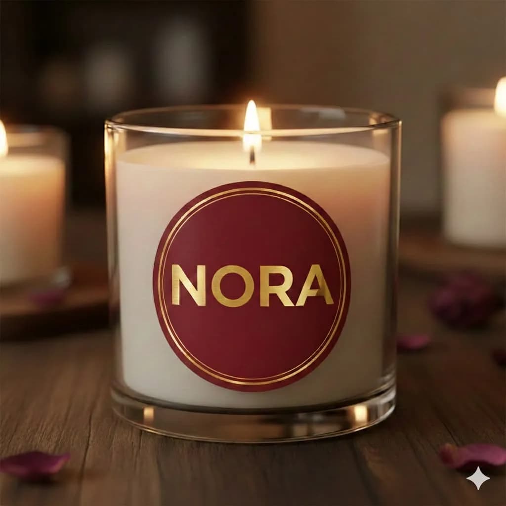 The original Nora candle: a heavy gold sans-serif NORA inside a burgundy circle