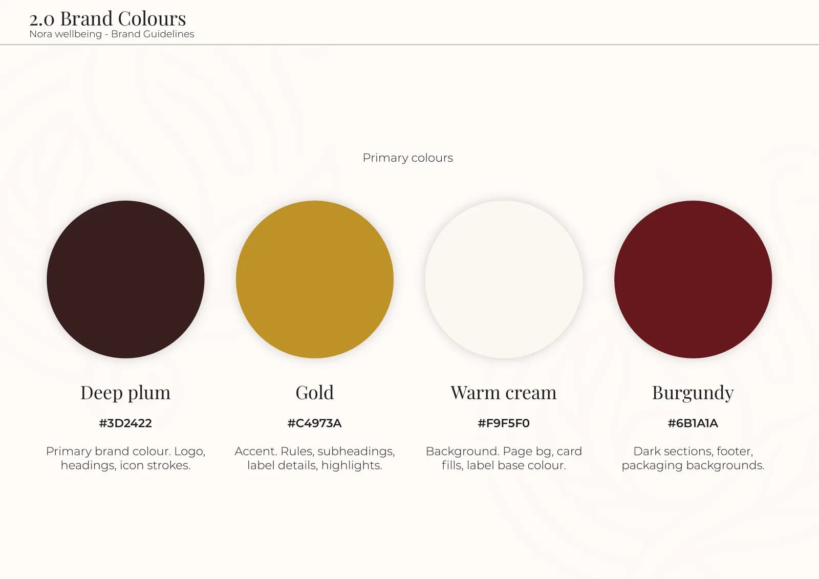 Brand guidelines page 2.0: deep plum, gold, warm cream and burgundy swatches