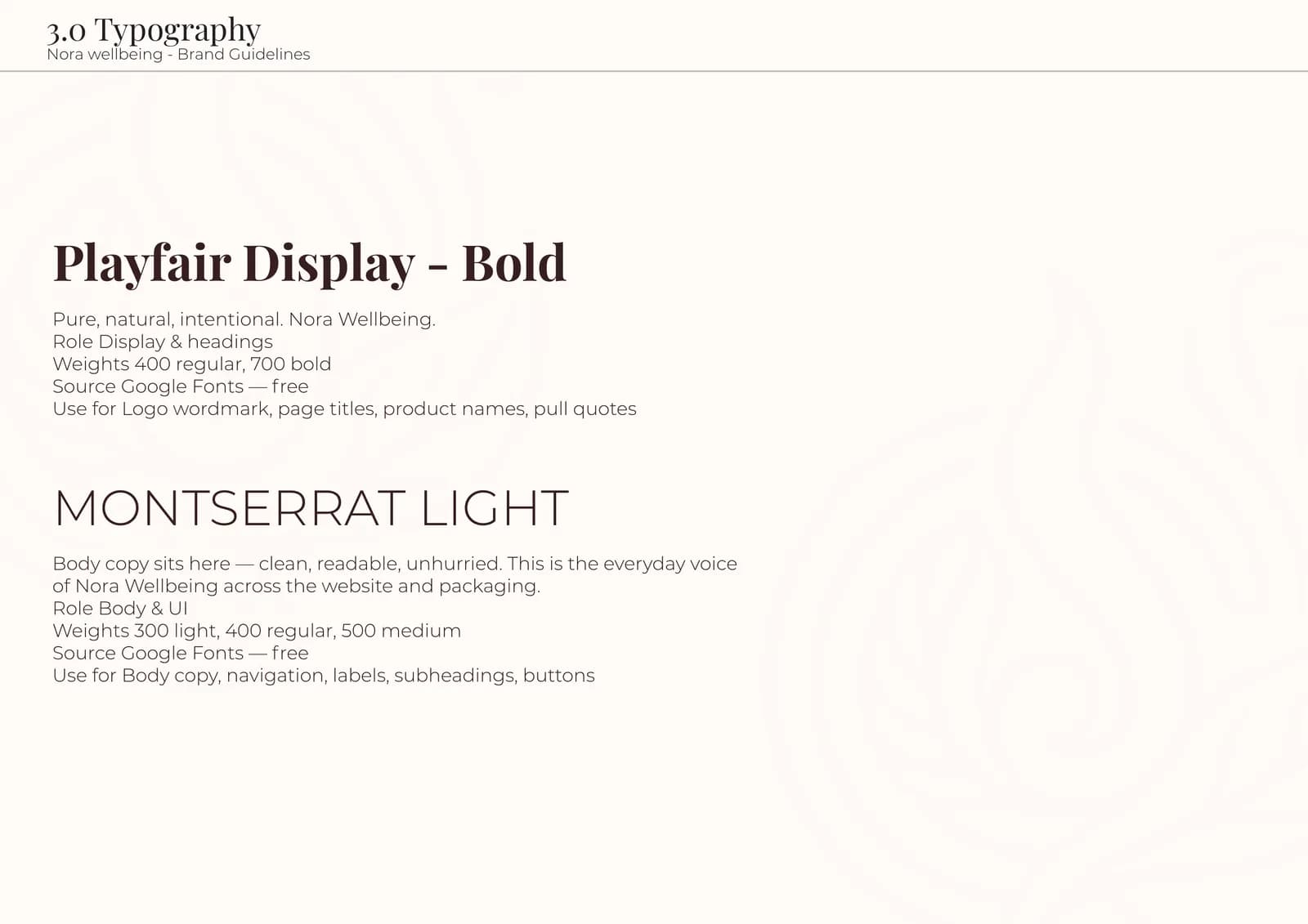 Brand guidelines page 3.0: Playfair Display Bold and Montserrat Light