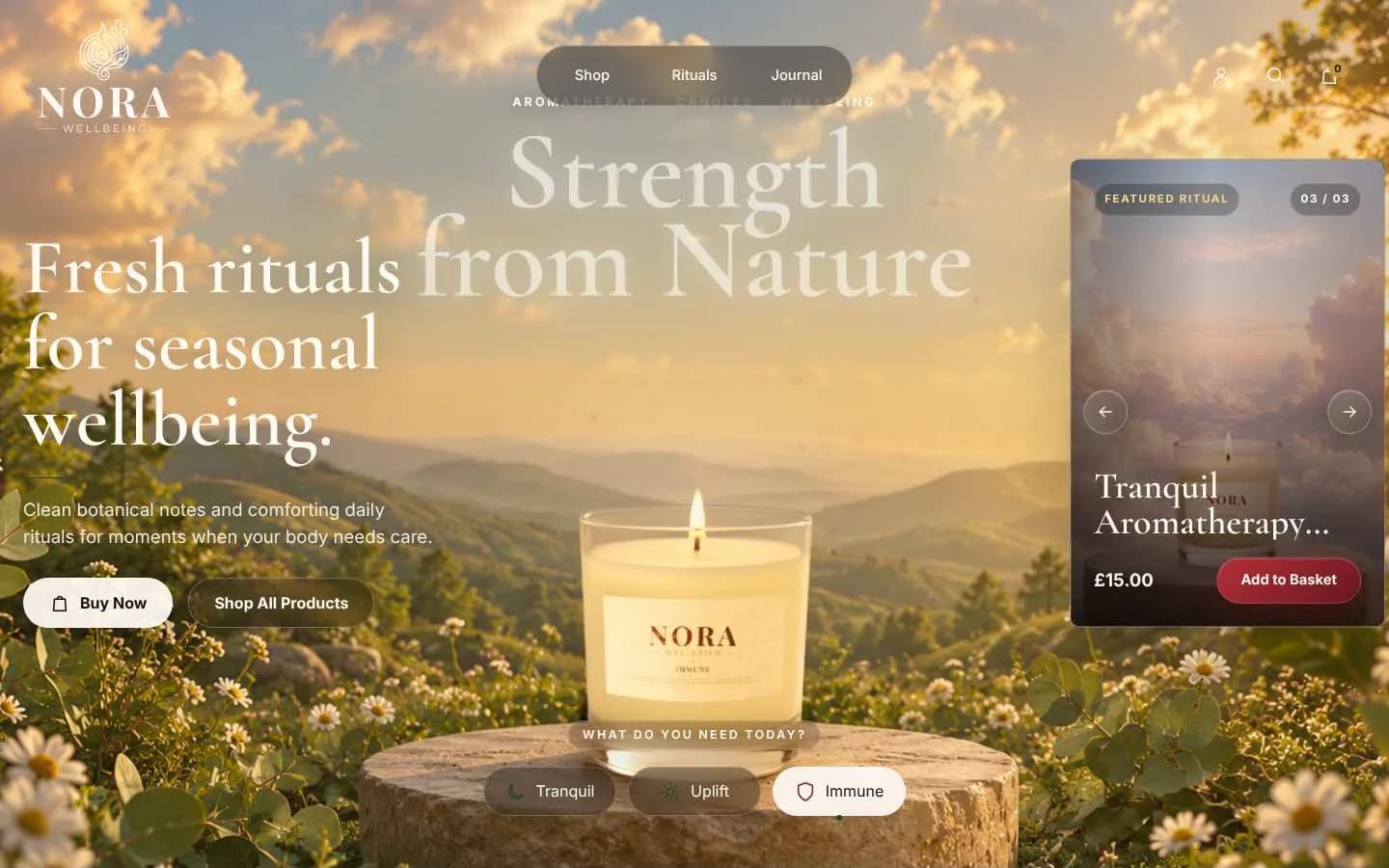 The Nora homepage on Immune: a candle above a golden valley, headed Fresh rituals for seasonal wellbeing