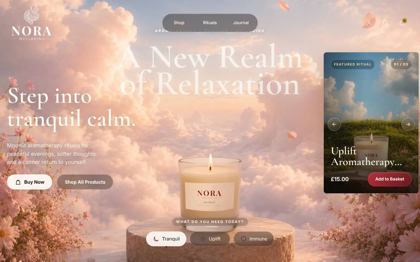 The Nora homepage on Tranquil: a candle on a stump among pink clouds and blossom, headed Step into tranquil calm