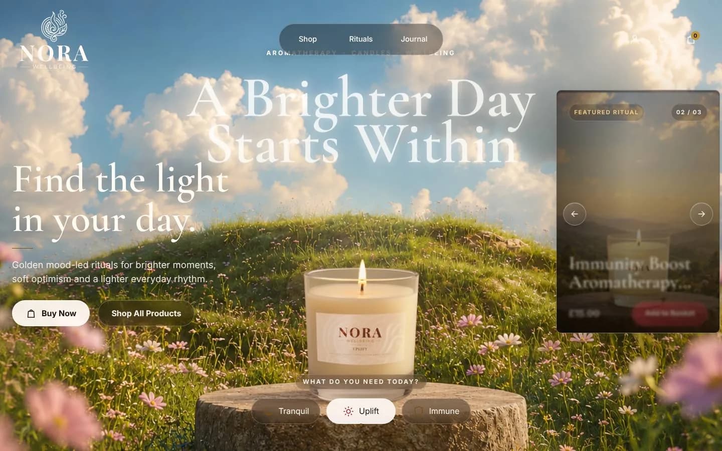 The Nora homepage on Uplift: a candle in a sunlit wildflower meadow, headed Find the light in your day