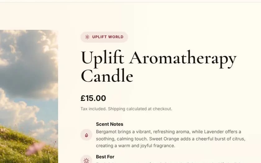 The product details: scent notes, best for, burn time and size, each with an icon
