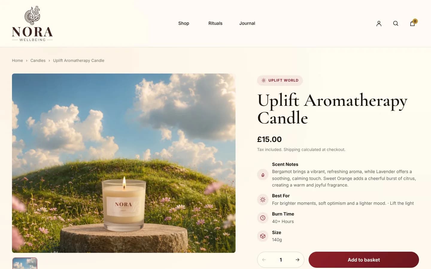 The Uplift candle product page, with the candle in its meadow scene and an Uplift World tag