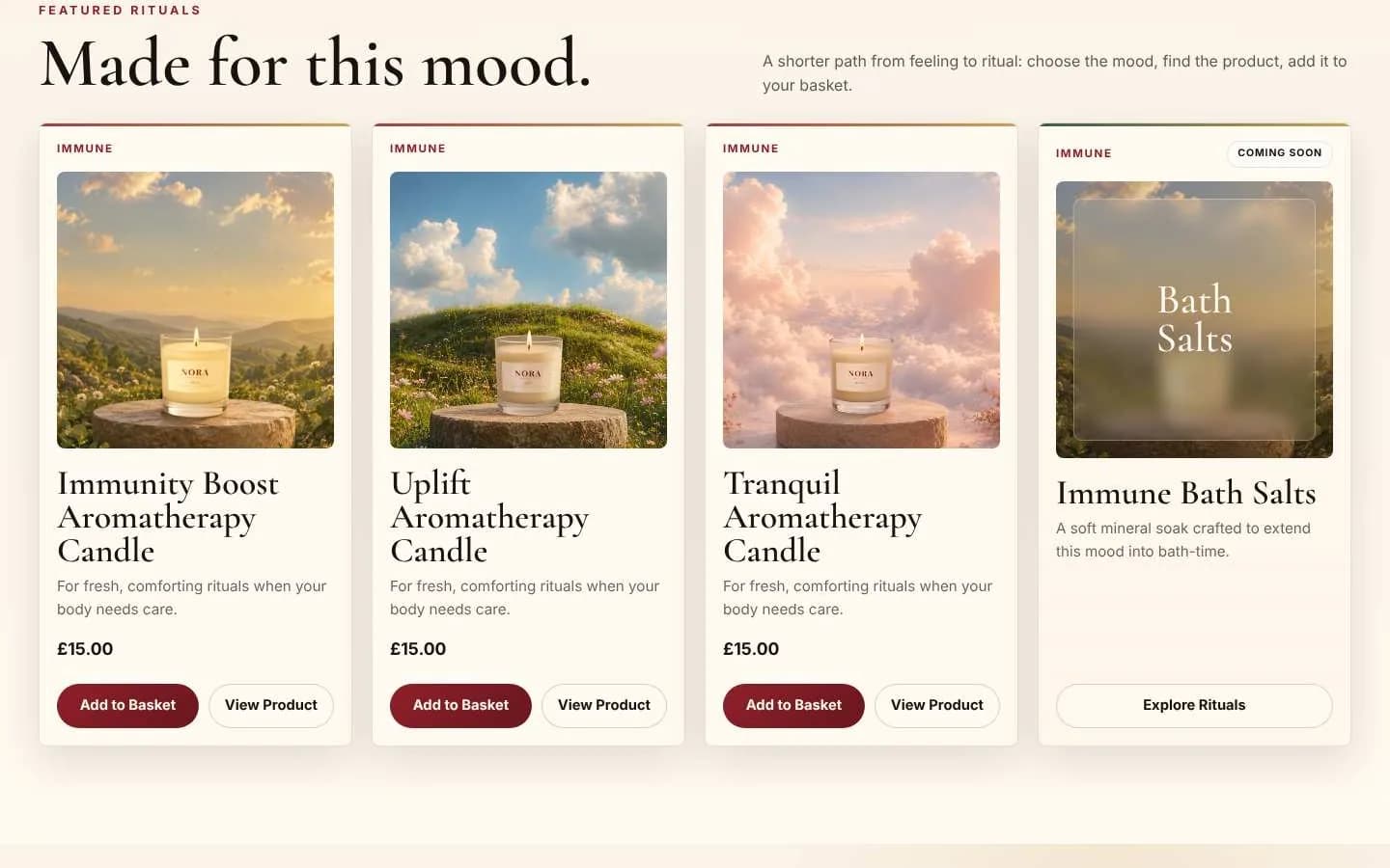 Product cards for the three candles and a coming-soon Immune Bath Salts card