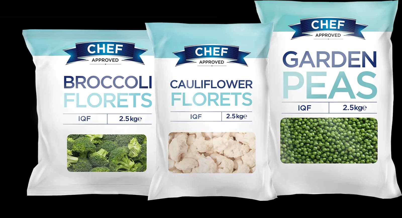 Chef Approved Broccoli Florets, Cauliflower Florets and Garden Peas packs, each with a window showing the vegetables