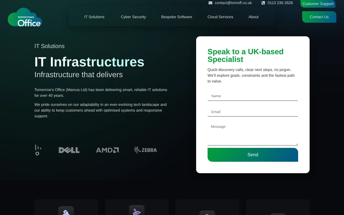 The IT Infrastructures page with a Speak to a UK-based Specialist form beside the content