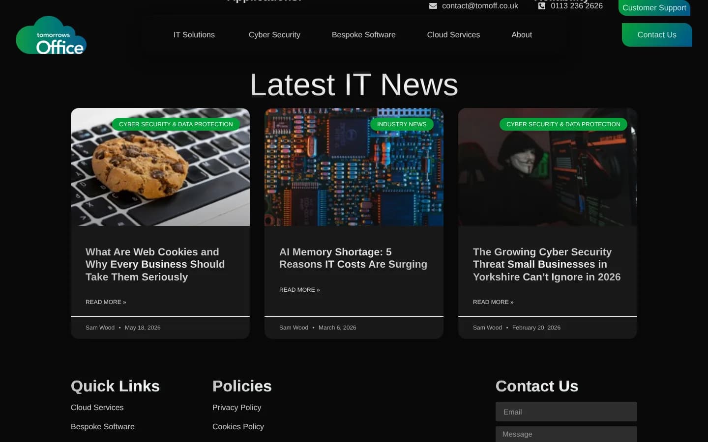 Latest IT News: three article cards on cookies, AI memory costs and cyber security