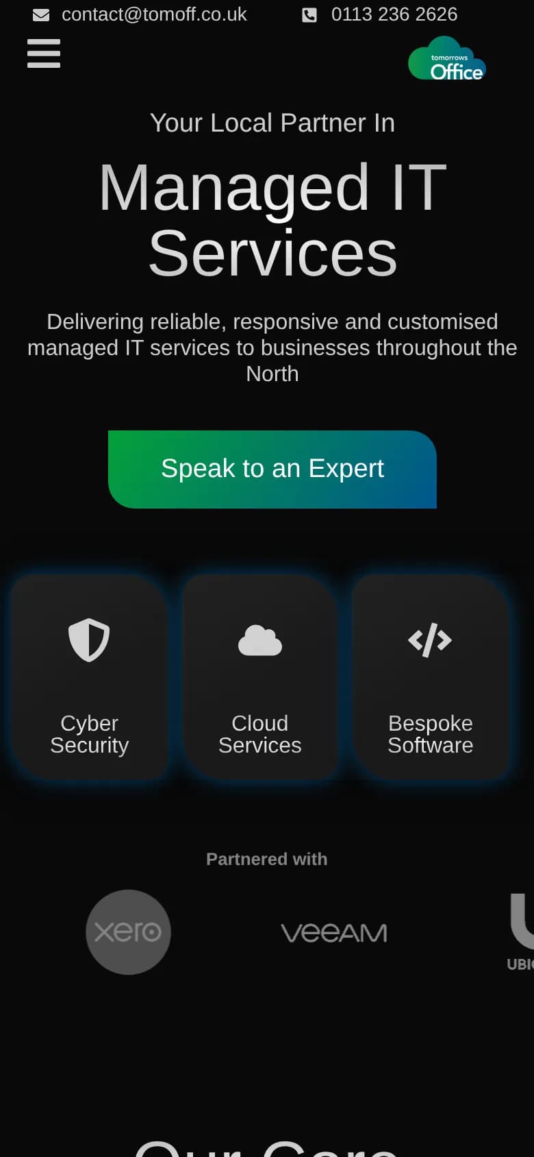 The Tomorrow's Office homepage on a phone, with the email and phone number at the top and Speak to an Expert