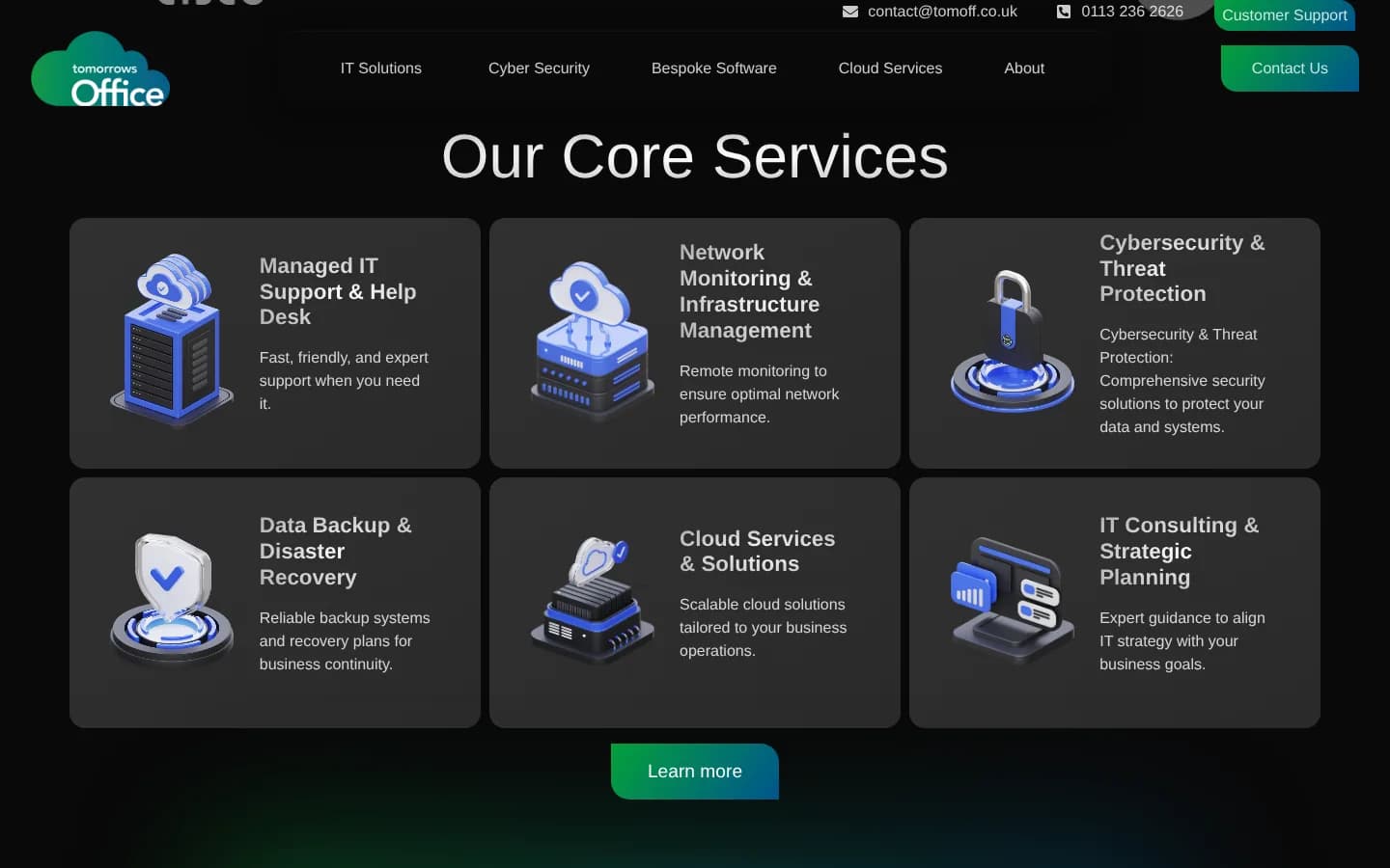 Our Core Services: six cards from Managed IT Support to IT Consulting, each with a 3D icon