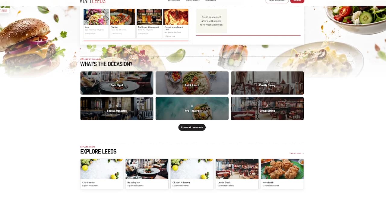Explore Leeds area tiles above Fresh on the scene restaurant cards