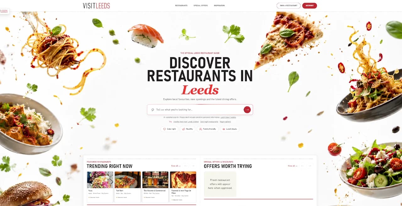 The Leeds Restaurant Guide homepage: Discover restaurants in Leeds, with an AI search box and suggestion chips