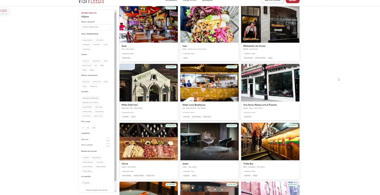 More restaurant cards with photos, names, cuisines and tags, and pagination